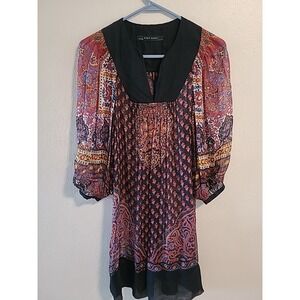 ZARA BASIC RED BLACK BLUE PRINTED SILK DRESS SZ M FLOWERS Sheer Flowy Bohemian